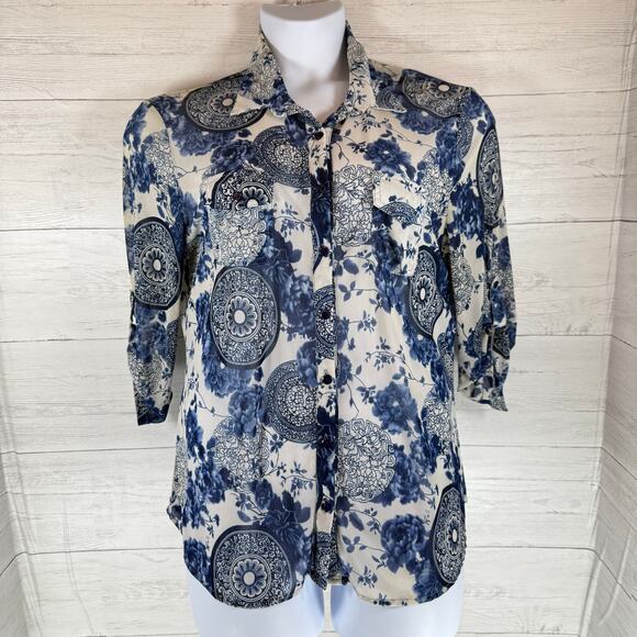 Eden and Olivia xl blue white floral button front blouse cottage coquette fall - Picture 1 of 7